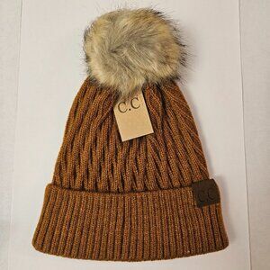 C.C Knit Pom Hat Sherpa Lined Golden Camel NWT